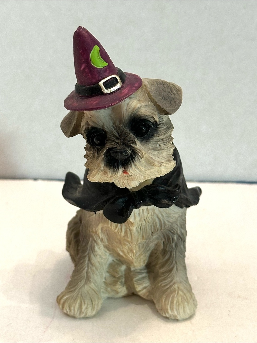 Halloween Pup Figurine with Purple Witch Hat and Black Cape